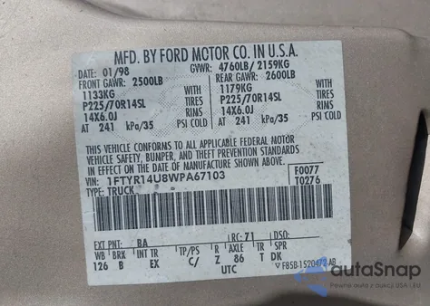 1998 Ford Ranger Splash/Xl/Xlt from USA, damaged, VIN 1FTYR14U8WPA67103